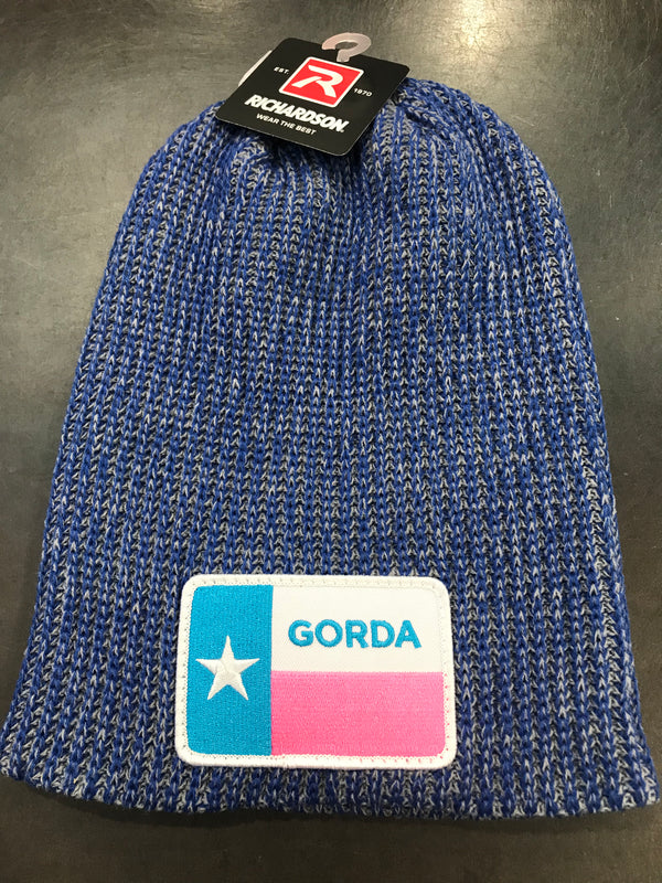 Blue Fleece Beanie- Blue, Pink & White Gorda Patch