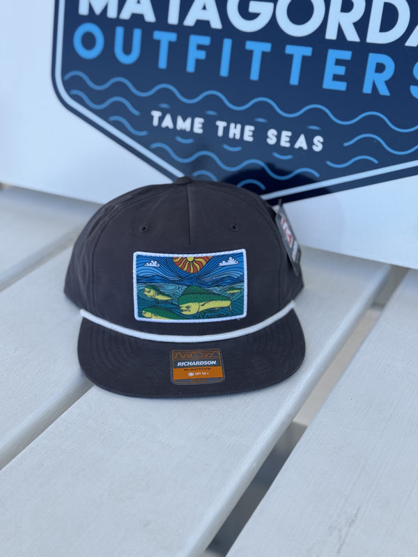 Grey Flat Bill Hat with color mahi patch