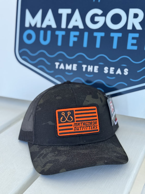 Camo Hat with Neon Orange flag patch